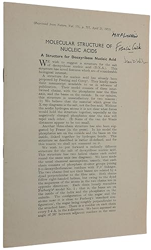 Seller image for Molecular Structure of Nucleic Acids: A Structure for Deoxyribose Nucleic Acid'; 'Molecular Structure of Deoxypentose Nucleic Acids'; 'Molecular Configuration in Sodium Thymonucleate'. Three papers in a single offprint from Nature, Vol. 171, No. 4356, April 25, 1953 for sale by SOPHIA RARE BOOKS