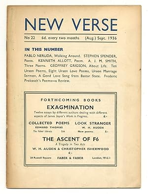 Bild des Verkufers fr New Verse - No 22, (Aug.) Sept. 1936 zum Verkauf von Between the Covers-Rare Books, Inc. ABAA