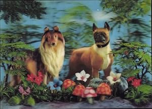 3 D Ansichtskarte / Postkarte Les deux chiens, zwei Hunde, Pilze, Collie, Boxer