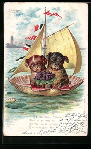 Bild des Verkufers fr Lithographie Zwei kleine Hunde auf einer Segeljolle zum Verkauf von Bartko-Reher