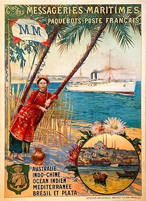 Original Vintage Travel Poster: Compagnie des Messageries Maritimes Australie Indo-Chine Océan In...