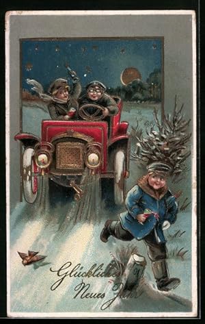 Bild des Verkufers fr Prge-Ansichtskarte Neujahrsgruss, Alkoholgenuss im rotem Flitzer, Auto zum Verkauf von Bartko-Reher