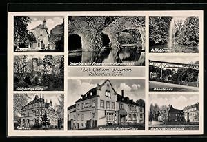 Ansichtskarte Rabenstein /Sa., Gasthaus Goldener Löwe, Bahnbrücke, Unterirdische Felsendome - Mar...