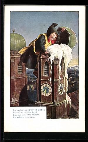 Bild des Verkufers fr Ansichtskarte Mnchner Kindl am berlaufenden Turm, Die zwei, wenn wren voll mit Bier. zum Verkauf von Bartko-Reher