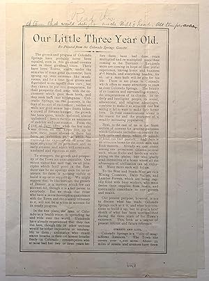 [Colorado] Our Little Three Year Old--Colorado Springs Gazette ca. 1874 Promotional Pamphlet