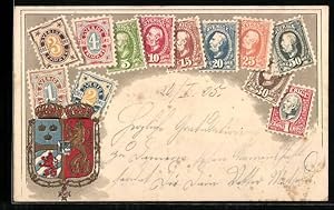 Bild des Verkufers fr Prge-Lithographie Briefmarken von Schweden und schwedisches Wappen zum Verkauf von Bartko-Reher