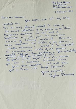 Seller image for Autograph Letter Signed ("Dylan Thomas"), to producer Frank Hauser at the British Broadcasting Corporation, agreeing to read his poems on a radio program for sale by James Cummins Bookseller, ABAA