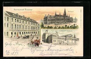 Lithographie Wien, Restaurant Riedhof, Rathaus, Reichsraths-Gebäude, Schlösselgasse 14 und Wicken...