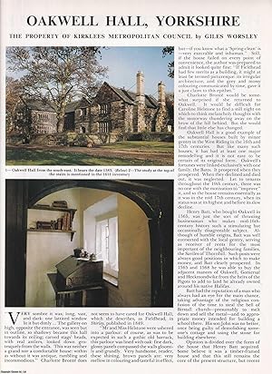 Immagine del venditore per Oakwel Hall, Yorkshire. The Property of Kirklees Metropolitan Council. Several pictures and accompanying text, removed from an original issue of Country Life Magazine, 1990. venduto da Cosmo Books