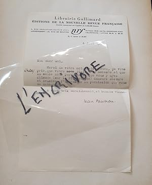 Lettre signé de Jean Paulhan - Aout 1938