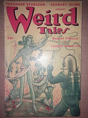 Image du vendeur pour Weird Tales January 1948 (Serpent Princess; The Deadly Ratio; The Frightened Engineer; And Give Us Yesterday; The Green Brothers Take Over; The Night Train to Lost Valley; Grandfather McGraw; The Lorenzo Watch) mis en vente par N & A Smiles