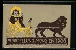 Bild des Verkufers fr Knstler-Ansichtskarte sign. Fritz Klee: Mnchen, Ausstellung 1908, Mnchner Kindl in vom Lwen gezogenen Wagen zum Verkauf von Bartko-Reher