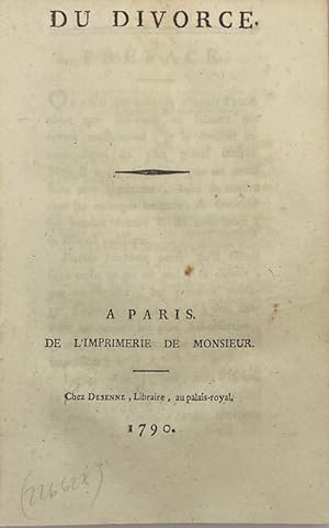 Seller image for Du Divorce for sale by Librairie Historique F. Teissdre