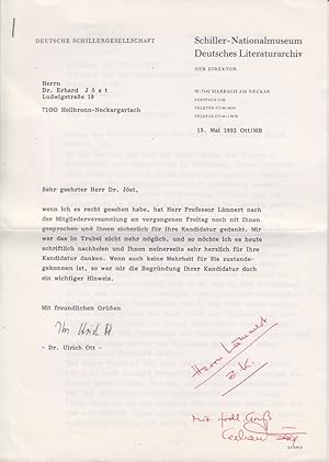 Bild des Verkufers fr Briefwechsel vom 13. und 14. Mai 1992 bzgl. Kandidatur zur Wahl in den Ausschu der Deutschen Schillergesellschaft. [Kopien Herrn Lmmert z.K.]. zum Verkauf von Fundus-Online GbR Borkert Schwarz Zerfa