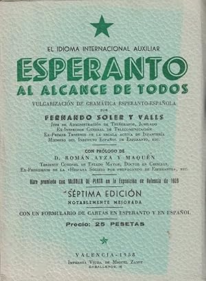 Seller image for ESPERANTO AL ALCANCE DE TODOS. Vulgarizacin de gramtica esperanto-espaola for sale by Librera Torren de Rueda