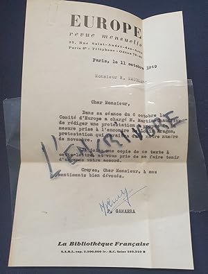 Lettre signé de Pierre Gamarra - Octobre 1949