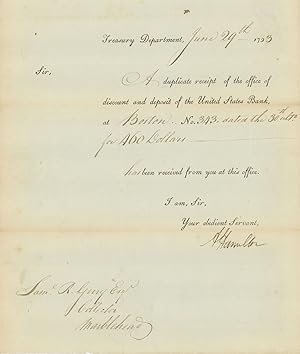 Signed Treasury Receipt addressed to Samuel Gerry, Collector at Marblehead, 1793