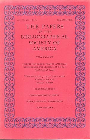 Seller image for The Papers of the Bibliographical Society of America: Volume 70, No. 1, 1976 for sale by Dorley House Books, Inc.