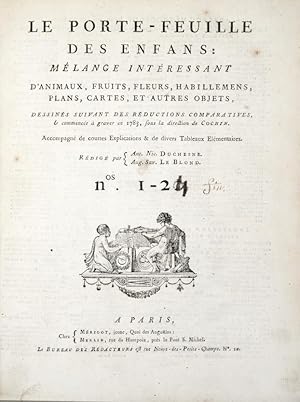 Bild des Verkufers fr Le Porte-feuille des Enfans : Mlange intressant d'animaux, fruits, fleurs, habillemens, plans, cartes, et autres objets. Dessins suivant des rductions comparatives et commencs  graver en 1783, sous la direction de Cochin. Accompagn de courtes explications & de divers tableaux lmentaires. Rdig par Ant. Nic. Duchesne. Aug. Sav. Le Blond. zum Verkauf von Bonnefoi Livres Anciens