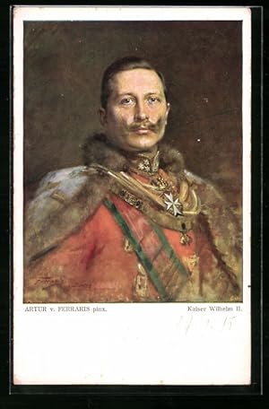 Künstler-Ansichtskarte Kaiser Wilhelm II., Portrait des Monarchen im Pelzmantel