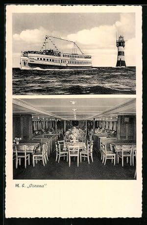 Bild des Verkufers fr Ansichtskarte Passagierschiff M.S. Oceana der Otto W.A. Schreiber-Reederei vor dem Leuchtturm, im Gastraum zum Verkauf von Bartko-Reher