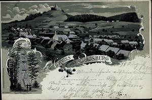 Mondschein Litho Dagsburg Dabo Lothringen Moselle, Totalansicht, Kaiser-Wilhelm-Turm