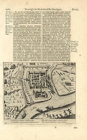 Bild des Verkufers fr Gesamtansicht aus der Vogelschau mit der Einnahme von Ruhrort durch Schenks Truppen im Januar 1587 ('Roerort'). zum Verkauf von Antiquariat Norbert Haas