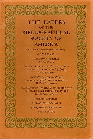 Imagen del vendedor de The Papers of the Bibliographical Society of America: Volume 67, Second Quarter, 1973 a la venta por Dorley House Books, Inc.