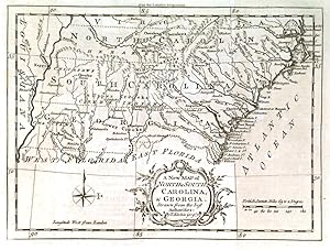 A NEW MAP OF NORTH & SOUTH CAROLINA, & GEORGIA . Antique map of the three states between coast an...