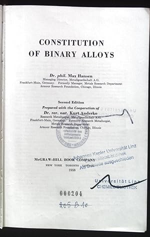 Bild des Verkufers fr Constitution of Binary Alloys. Metallurgy and Metallurgical Engineering Series. zum Verkauf von books4less (Versandantiquariat Petra Gros GmbH & Co. KG)