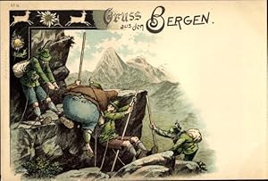 Künstler Litho Männer beim Bergsteigen, Bergsteiger, Bergpanorama