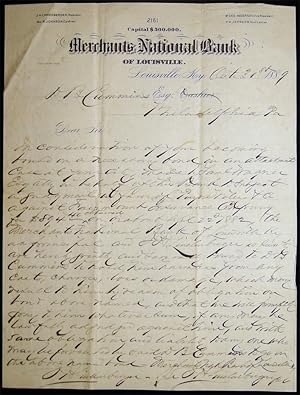 Seller image for 1889 Autograph Letter Signed By J.H. Lindenberger, President of the Merchants National Bank of Louisville Kentucky Regarding a Bond Consideration, to D. B. Cummins Esq. Of Philadelphia for sale by Certain Books, ABAA