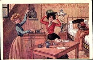 Ansichtskarte / Postkarte Avec quelques centimes de gaz, Frauen probieren Hüte auf, Reklame