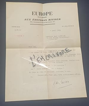 Lettre signée de Jean Cassou - Avril 1936