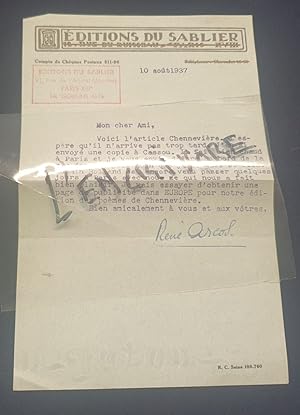 Lettre signée de René Arcos - Aout 1937
