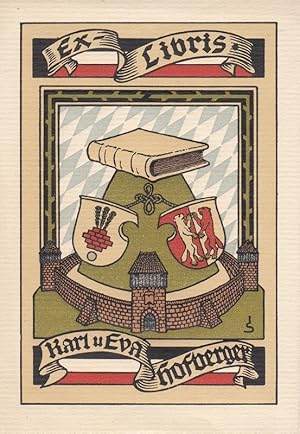 Immagine del venditore per Ex-Libris Karl u. Eva Hofberger. Ringmauer einer Burg auf grnem Berg, Buch und zwei Wappen. venduto da Antiquariat  Braun