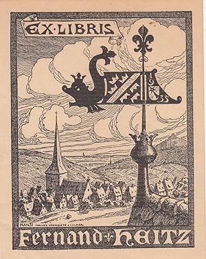 Seller image for Ex Libris Fernand Heitz Wetterfahne auf Giebel vor Landschaft mit Dorf. for sale by Antiquariat  Braun