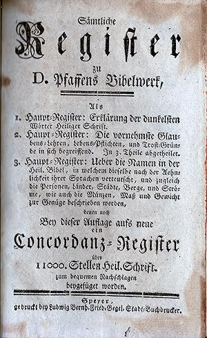 Sämtliche Register zu Pfaffens Bibelwerk. (Originalausgabe ca. 1767)