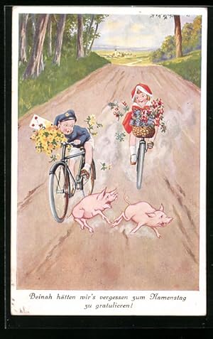 Bild des Verkufers fr Knstler-Ansichtskarte Beinah htten wir`s vergessen zum Geburtstag zu gratulieren!, Kinder auf Fahrrdern zum Verkauf von Bartko-Reher