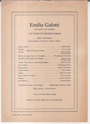 Seller image for Programmzettel zu: Emilia Galotti. Trauerspiel in fnf Aufzgen von Gotthold Ephraim Lessing. - Regie: Falk Harnack. - Bhnenbilder und Kostme: Heinrich Kilger. - Darsteller: Kthe Braun, Ernst Sattler, Gerda Mller, Hannsgeorg Laubenthal, Werner Hinz, Robert Taube, Ehmi Bessel u. a. - for sale by Antiquariat Carl Wegner