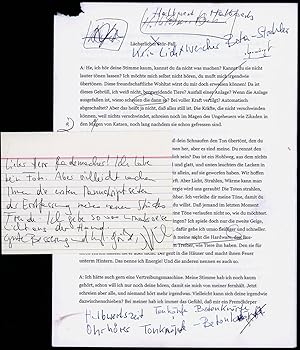 Bild des Verkufers fr 5-seitiges signiertes Manuskript mit Brief. (Elfriede Jelinek, geb. 20. Oktober 1946 in Mrzzuschlag, sterreichische Schriftstellerin und Theatermacherin, Literaturnobelpreis 2004). zum Verkauf von Antiquariat Lenzen