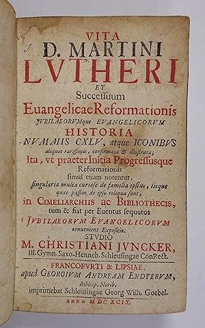 Bild des Verkufers fr Vita D. Martini Lutheri et successuum evangelicae reformationis jubilaeorumque evangelicorum historia. Schleusingen, G. W. Goebel fr G. A. Endter in Frankfurt und Leipzig 1699. 8. 28 Bll., 468 S., 8 Bll., mit 7 gestoch. Portraits u. 44 Kupfertafeln, Prgt. d. Zt. zum Verkauf von Antiquariat Johannes Mller