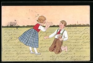 Bild des Verkufers fr Knstler-Ansichtskarte Brder Kohn (B.K.W.I) Nr. 763-5: Mdchen macht einem Jungen eine lange Nase zum Verkauf von Bartko-Reher