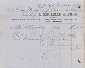 1859 Store Tobacco Receipt for L. Shulman & Bros., Griffin, Georgia