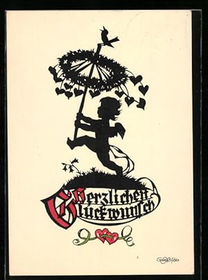 Imagen del vendedor de Knstler-Ansichtskarte Georg Plischke: Engel mit Kranz und Singvogel, Schattenbild a la venta por Bartko-Reher