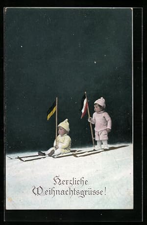 Bild des Verkufers fr Ansichtskarte Herzliche Weihnachtsgrsse, Kinderpaar mit Skiern und Fhnchen zum Verkauf von Bartko-Reher