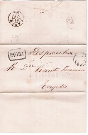 Prefilatelia. Frontal y carta. Marca en negro 'EVORA'. Matasellos 'Elvas, 31-12-1867'