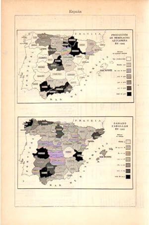 Seller image for LAMINA V27630: Mapas de la produccion de remolacha azucarera y ganado caballar en Espaa 1929 for sale by EL BOLETIN