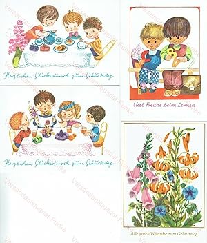4 DDR-Postkarten Kinder Geburtstag Schule Lernen Blumen