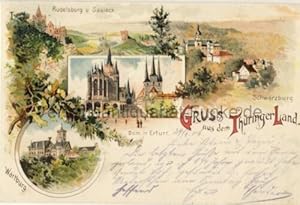 Gruss aus dem Thüringer Land (Wartburg / Dom in Erfurt / Rudelsburg u. Saaleck / Schwarzburg)